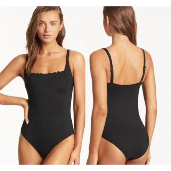 Sea Level Swim Australia Black Scallop Square Neck Bralette 1Piece Swimsuit Sz 6 - Picture 1 of 11